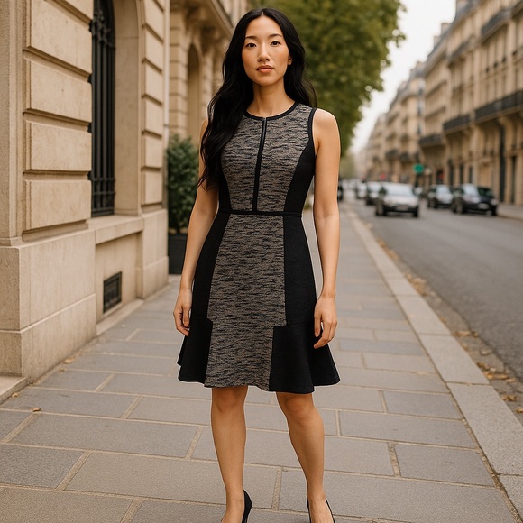 Rebecca Taylor Sleeveless Flared Hem Tweed Dress - Black/Grey, Size 4 - Picture 6 of 16